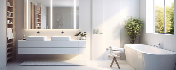 Interior of a modern bathroom of light color with a bath and an area for personal hygiene.