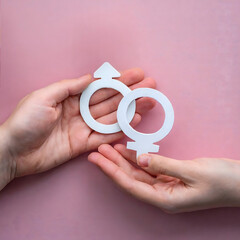 Man and woman holding gender symbols with their hand, white symbols on pink background