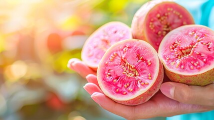 Hand holding tropical guava, selection on blurred background with copy space for text placement