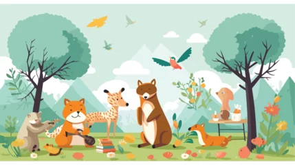 Fotobehang A whimsical scene of animals having a picnic on a s © zoni