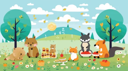 Poster Im Rahmen A whimsical scene of animals having a picnic on a s © zoni
