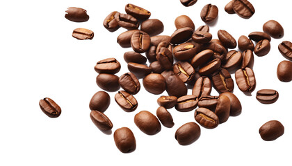 Obraz premium Scattered roasted coffee beans falling on transparent background, dynamic and fresh