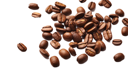 Scattered roasted coffee beans falling on transparent background, dynamic and fresh