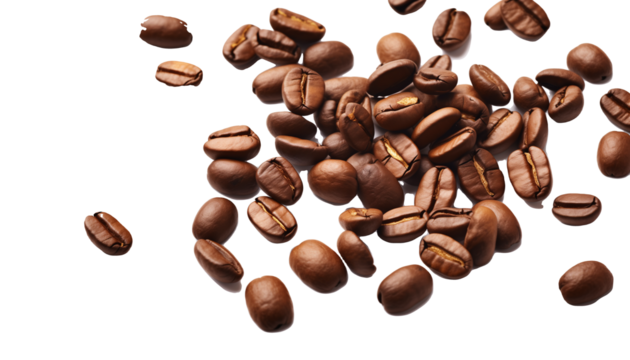 Scattered roasted coffee beans falling on transparent background, dynamic and fresh