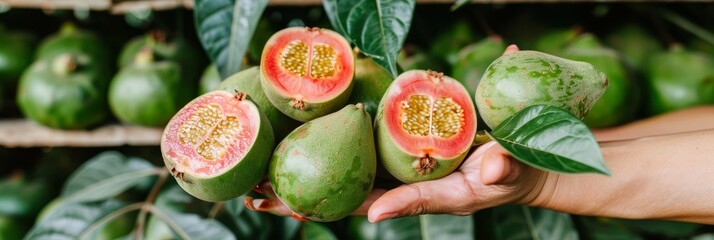 Hand holding tropical guava with copy space against blurred guava background for text placement