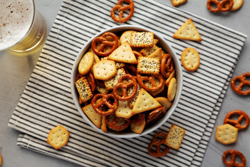 Homemade Cracker Snack Mix with Pretzels in a Bowl, top view.