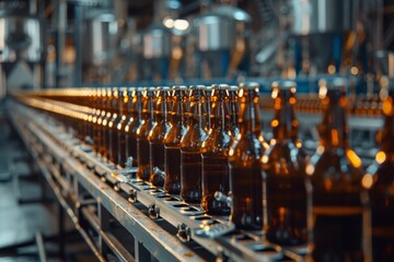 bottles factory conveyor in a row - obrazy, fototapety, plakaty