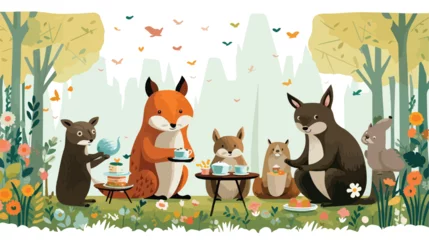 Fotobehang A whimsical scene of animals having a tea party in © zoni