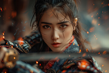 Digital art of female samurai with a katana. Fantasy scene of japanese woman warrior in action