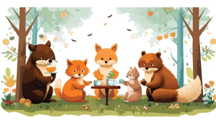 Fotobehang A whimsical scene of animals having a tea party in © zoni