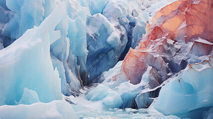 Multi-colored floating glacial ice with snow cover. Huge chunks of ice floating near brown bluff, Antarctica  - obrazy, fototapety, plakaty