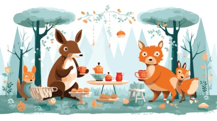 Meubelstickers A whimsical scene of animals having a tea party in © zoni