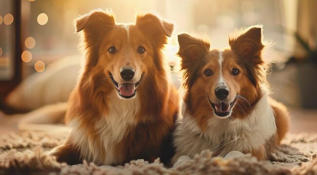 Two happy dogs on the background of bright lights, photorealistic dog. Beautiful muzzles and big eyes. Advertising for pet store, covers for advertising, picture for dog food. 