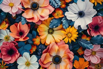 Vivid variety of colorful paper flowers - This image showcases an abundance of paper flowers with vibrant colors and intricate details mimicking a beautiful floral garden