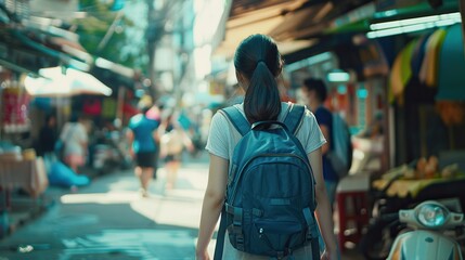 Obraz premium Back view of Asian woman traveler with backpack walking on street in Bangkok, Thailand
