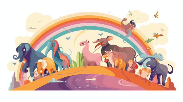 A whimsical scene of animals riding on a magic carp