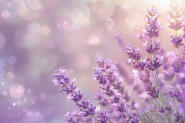 Fototapeta premium Light purple background with bokeh and lavender flowers, copy space on the left.