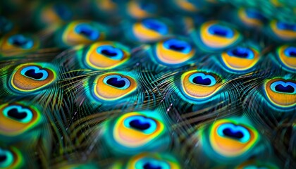 Obraz premium Captivating close up of colorful peacock feathers for striking background imagery