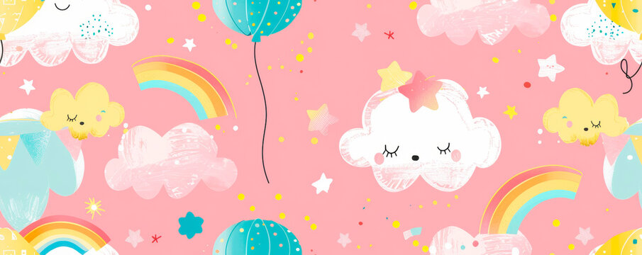 A vibrant pink background adorned with colorful rainbows, twinkling stars, and fluffy clouds creating a dreamy and magical atmosphere. Banner. Copy space