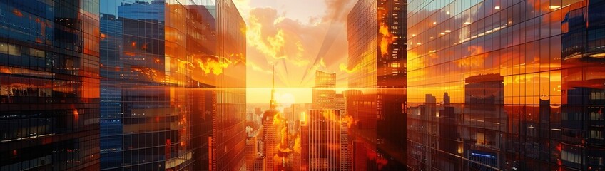A 3D double exposure of a cityscape at sunset, with a vibrant orange sky and a reflection on the glass buildings.
