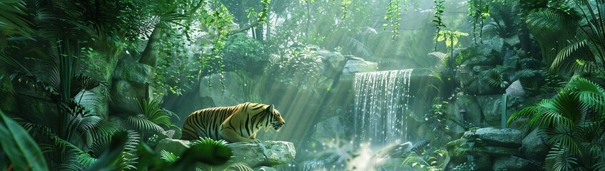 A 3D double exposure of a jungle, with a tiger and a waterfall.