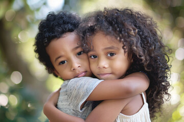 Fototapeta premium A touching scene, twin siblings hug tightly