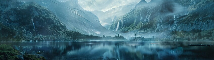 A 3D double exposure of a mountain range, with a lake and a waterfall in the foreground.