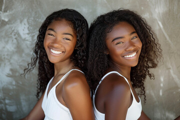 Two girls, black, African-American, identical twin sisters, one dark-skinned and the other light-skinned, sit back to back with identical smiles on their faces. Twins Day - obrazy, fototapety, plakaty