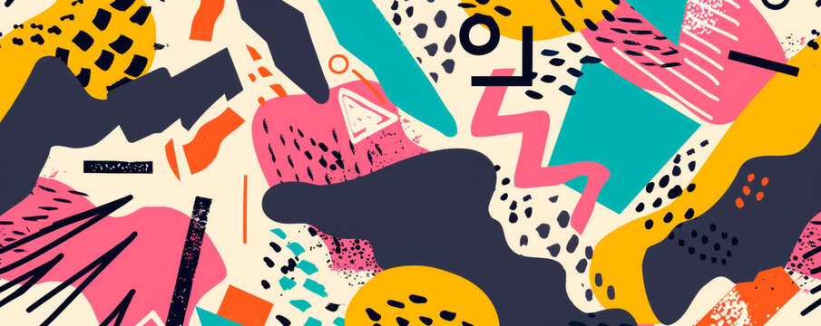 Diverse shapes in a vibrant array of colors fill the frame, creating a harmonious and dynamic composition that captivates the eye. Banner. Copy space