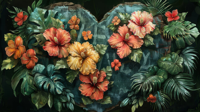 a painting of a heart shaped arrangement of flowers and leaves on a green background with red and orange flowers on the left side of the heart.