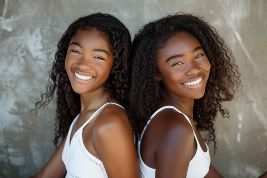 Two girls, black, African-American, identical twin sisters, one dark-skinned and the other light-skinned, sit back to back with identical smiles on their faces. Twins Day - Powered by Adobe