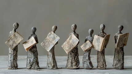 A mesmerizing scene of a group of sculptures gracefully holding books in their hands, symbolizing the preservation and celebration of knowledge and wisdom. Banner. Copy space - obrazy, fototapety, plakaty