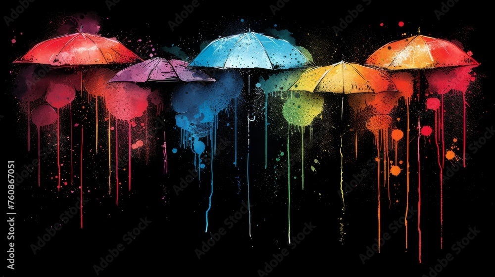 Poster a group of multicolored umbrellas with drops of paint coming out of the top of the umbrellas.