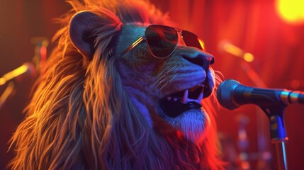 Lion in sunglasses sings into a microphone on stage in the dark - obrazy, fototapety, plakaty