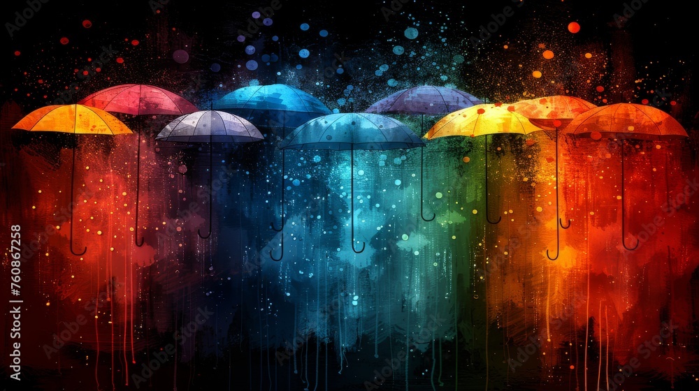 Poster a group of multicolored umbrellas standing in a row with rain drops falling on them