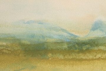 Ink watercolor, acrylic hand drawn smoke flow wave mountain landscape painting on wet grain paper...
