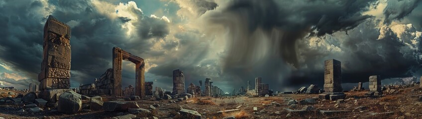 An ancient ruins landscape with crumbling stone structures against a dramatic sky filled with storm...