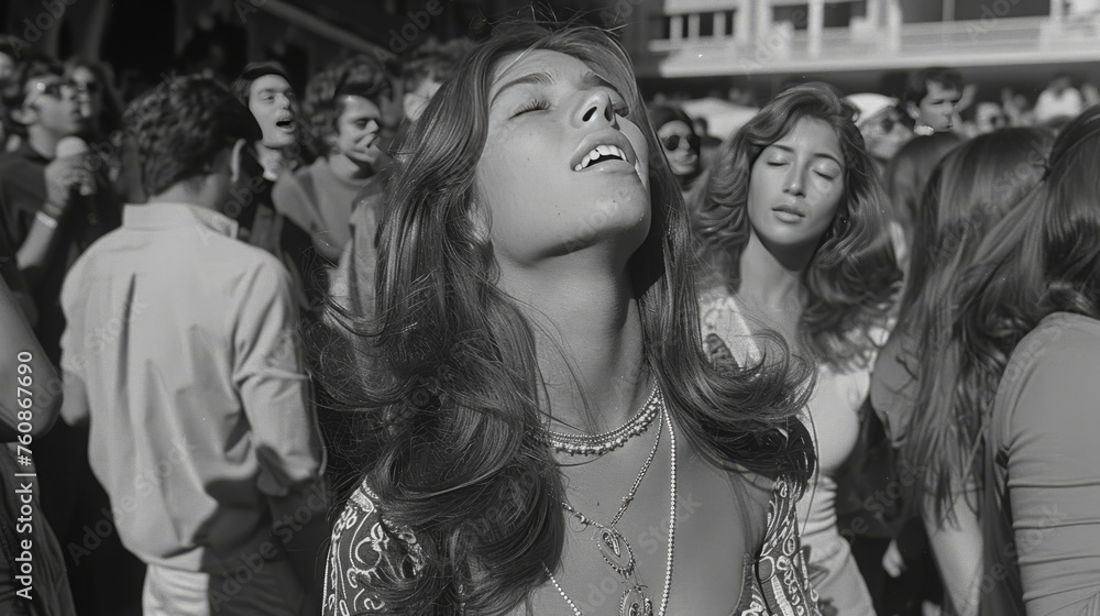 Poster a person stands amidst a chaotic 1960s festival with vibrant colors and a unique style in a generati