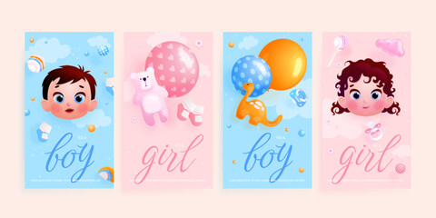 3d baby shower cards. Seiner newborn birth announcement or babies birthday party celebration invitation card design, girl boy born children cute postcard, vector illustration