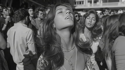 A person stands amidst a chaotic 1960s festival with vibrant colors and a unique style in a generative AI image.