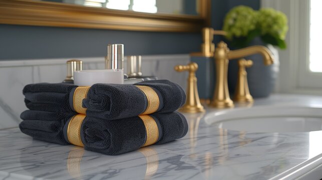 a stack of black towels sitting on top of a bathroom counter next to a white sink and gold faucet.