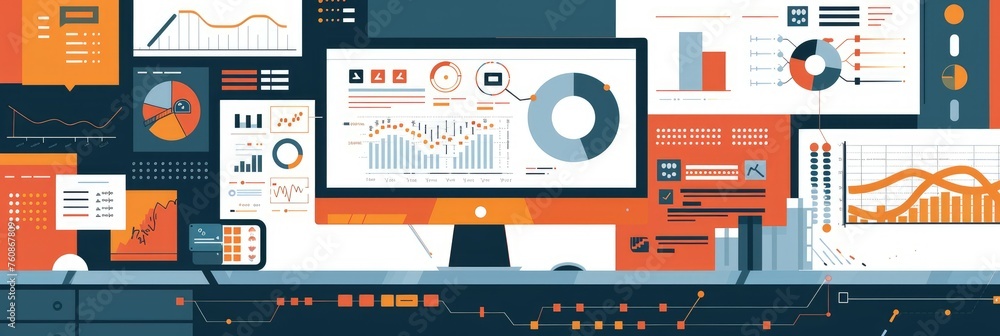 Poster desktop with analytics and data visualization display - a neatly arranged desktop showing various an
