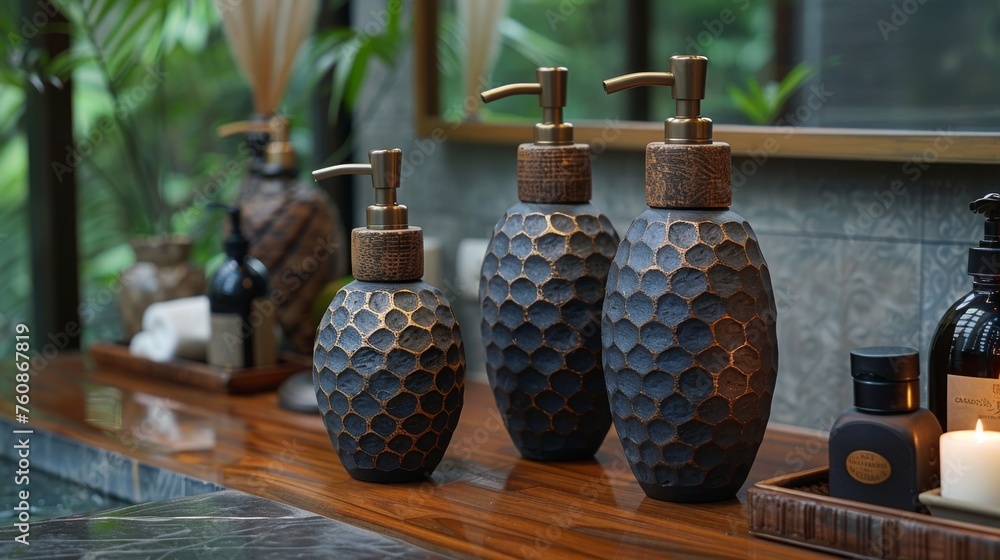 Aufkleber a group of three vases sitting on top of a counter next to a bottle of soap and a candle.