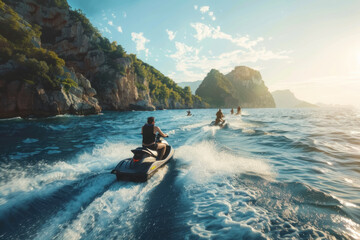 Exhilarating Jet Ski Adventure in Turquoise Waters near Rocky Cliffs at Sunset