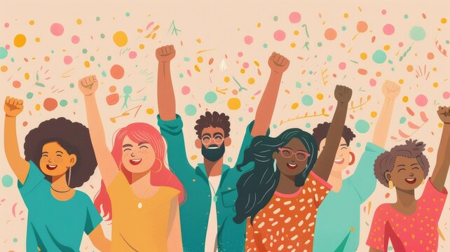 Animated diverse people celebrating joyfully - Colorful animated drawing of diverse people raising their hands joyfully amongst a shower of confetti, depicting happiness