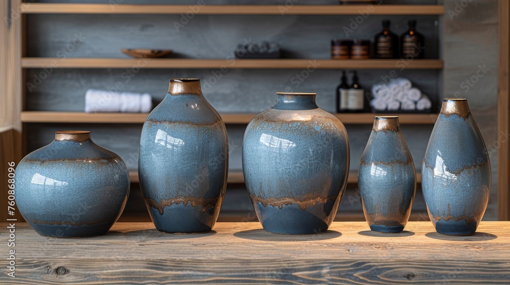 Poster a group of blue vases sitting on top of a wooden table next to a shelf with bottles on it.