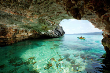 Serene Kayaking Experience Inside a Luminous Cave with Crystal Clear Waters and Rocky Overhang