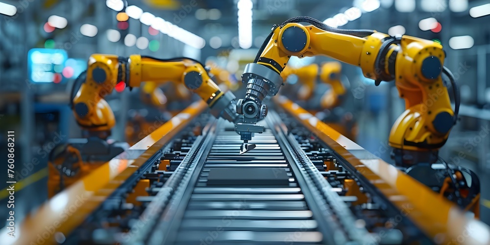 Poster robotic arms assembling car components on production line for automotive automation concept . concep