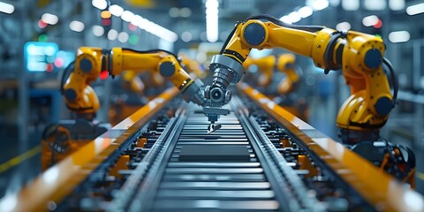Robotic arms assembling car components on production line for automotive automation concept . Concept Automotive Automation, Robotic Arms, Production Line, Car Components, Technology Innovation - obrazy, fototapety, plakaty