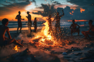 Friends Gathering Around a Warm Beach Bonfire at Sunset, Celebrating a Joyous Evening